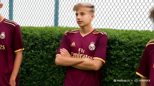 The camera begin with an high-angle-shot to a 16-year-old relax-standing-posed folded-arms-over-chest extreme-slender male-soccer-player between two partially-shown peers, pressed to a wide-skyline-diamond-steel-mesh-fence along human-height-hedge. They are dressed in same clothe as short-sleeved burgundy-based golden-trims net-fabric Ream Madrid jersey, keep looking to their forward with concentration and excite. As the camera declines to eye-level and focus on his face, he rapidly use his hands to grab top hair, widely opens his eyes and mouth, with nervousness.  by Hailuo AI Video Generator
