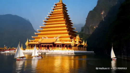 日照金山寺，峡江帆船行 by Hailuo AI Video Generator