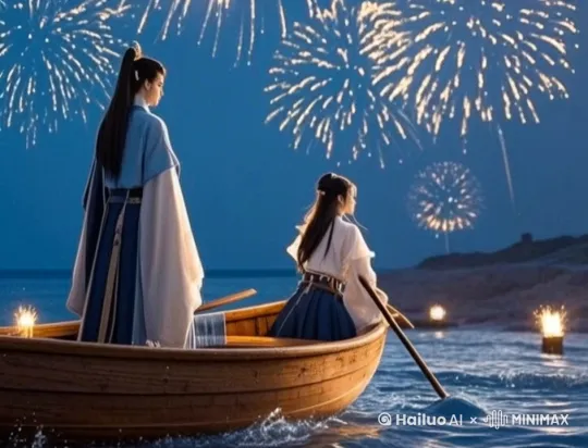 海浪推着小船。岸上有人放烟花。天空烟花爆炸，炸出“欢迎回家”4个中国大字。航拍滤镜，旋转对焦 by Hailuo AI Video Generator