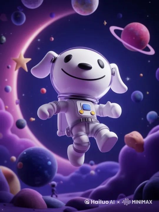jd, A whimsical illustration of a canine astronaut floating amidst a vibrant celestial landscape.Caption: A cheerful canine astronaut soars through the cosmos, surrounded by a stunning array of celestial bodies, including a vibrant, glowing crescent moon and a majestic, ringed planet, as depicted in this enchanting, 3D computer-generated artwork. The astronaut, clad in a sleek white spacesuit, wears a bright, smiling visage, as if reveling in the sheer wonder of the universe. A tiny, diminutive figure, likely a human astronaut, can be seen in the foreground, gazing up at the celestial spectacle with a sense of awe. The image is rendered in a dreamy, pastel color palette, with soft, gradient-like transitions between hues, creating an ethereal, otherworldly ambiance. Shot from a low-angle perspective, the camera looks up at the astronaut, emphasizing its sense of wonder and excitement. The image is free from any watermarks and is suitable for all ages, making it a delightful addition to any digital collection.Note: This image is SFW (Safe For Work), with no suggestive or explicit content. by Hailuo AI Video Generator