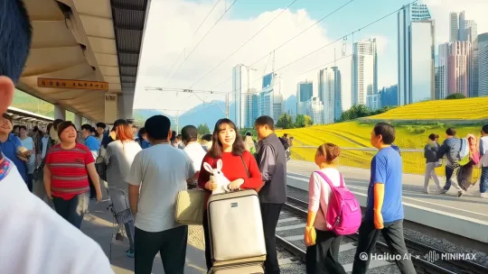 在一个清晨，天色微亮，车站外的广场上挤满了人，终于到了回家的日子，我也早早地来到了这里。车站里人山人海，喧闹声此起彼伏。人们的脸上都写满了期待和喜悦，尽管每个人都拖着沉重的行李箱，背着鼓鼓的背包，却依然步伐轻快。我被拥挤的人流裹挟着缓缓前行，心中像揣着一只小兔子，充满了对家的渴望。
当列车缓缓驶入站台，那长长的车身在阳光下闪耀着银色的光芒，伴随着一阵轻微的颤动和鸣笛声。我迫不及待地登上车，穿过拥挤的过道，找了个靠窗的位置坐下。
我静静地看着窗外，城市的高楼大厦、车水马龙渐渐远去，道路变得越来越窄，建筑物也越来越稀疏。远处的山峦和田野逐渐显现，绿色的植被和黄色的土地交织在一起。蓝天白云下，我知道，自己离家乡又近了一步。
阳光透过车窗洒在我的脸上，微风吹拂着发丝，带来一丝温暖和慰藉。 by Hailuo AI Video Generator