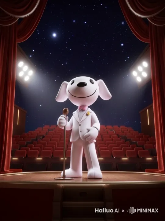 jd, Image Caption:A 3D animated image of a white anthropomorphic dog standing on a stage, surrounded by red curtains and a starry night sky visible through the open curtains. The dog, dressed in a white tuxedo, holds a golden microphone in its right hand and has a pink bow tie around its neck. The camera is positioned at a slight angle, looking up at the dog from the front row of the empty theater. The image is set against a backdrop of a dark sky filled with stars and two large spotlights shine down from the sides, illuminating the dog.The image is set against a backdrop of a dark sky filled with stars and two large spotlights shine down from the sides, illuminating the dog. The image is a non-watermarked screenshot, taken from a 3D animated video game or movie. The image is SFW (Safe For Work) and suitable for all audiences. by Hailuo AI Video Generator