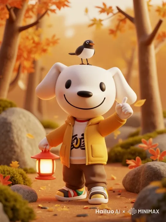 jd, This 3D rendered image, captured from a low-angle perspective, showcases a whimsical scene in a serene autumnal forest. A smiling, anthropomorphic dog, donning a bright yellow jacket and a white t-shirt, stands proudly on a winding path, surrounded by vibrant orange and red autumn foliage. A small bird perches atop the dog's head, while the creature itself holds a red lantern in one hand and gives a thumbs-up with the other. The image is set against a warm, golden-orange backdrop, with the soft glow of the lantern casting a gentle ambiance.There is no visible watermark on this image. It is suitable for all ages and is considered safe for work (sfw). by Hailuo AI Video Generator