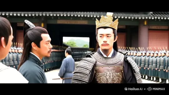 摄影风格，真实，灯光通明，视频短剧风格，写实壮阔，光线富有变化。玄武门的紧张氛围，李世民身着威武的古代战甲，头戴璀璨冠冕，傲然而立。其身后是一列列士气高昂的士兵，严阵以待，军威浩荡。周边是具有浓郁中式传统风格的建筑，雄浑大气，巍峨壮观。背景中的建筑，可能是宏伟壮丽的皇宫，也可能是关键的军事重地，深深地强化了人物的高贵身份和场景的豪迈庄严。朝堂上君臣严肃认真，魏征直言敢谏。李世民表情丰富，有霸气也有虚心。画面色彩浓郁，高分辨率，高品质体现大唐盛世之开端。	
全身拍摄，电影片段，电影剧照，真人，高清细节，高分辨率，高品质
 by Hailuo AI Video Generator