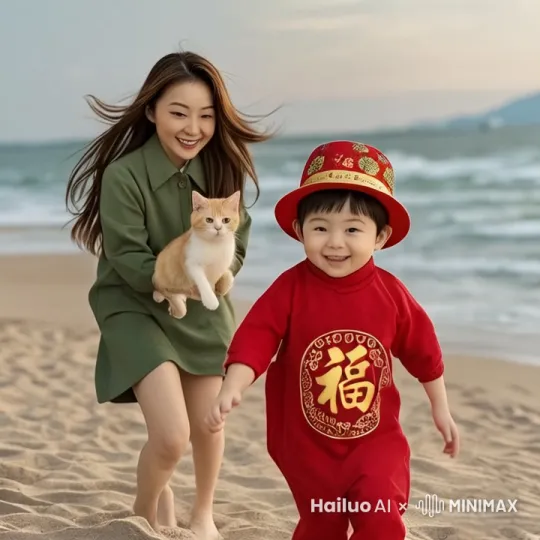美女追抱着小猫，追着娃娃呵呵笑，小娃娃开心的咯咯笑。向前跑，超清 高分辨率。 by Hailuo AI Video Generator