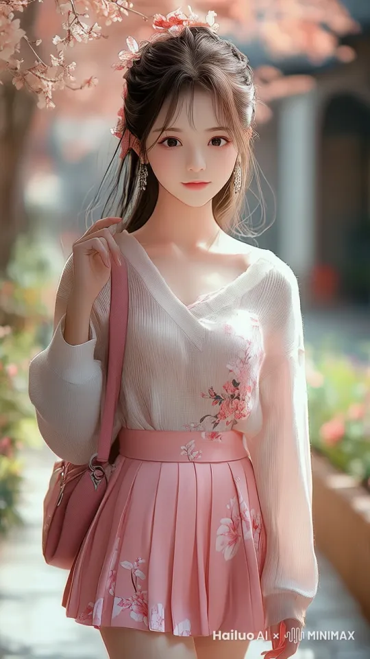 女孩抬起头来，自信微微一知，说出一段鼓舞自己的话，头发和衣服随着轻风飘动，花草树森也随风摇曳，阳光浅浅的变化着 by Hailuo AI Video Generator