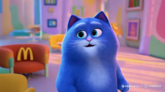 一只蓝色的胖猫嘴里说着我要吃麦当劳 by Hailuo AI Video Generator