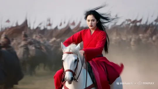 古代一个女孩子身穿漂亮的红色战服，在战争中骑马驰骋，速度感冲击感，气势磅礴，电影效果， by Hailuo AI Video Generator
