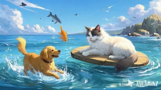 蔚蓝的海面一望无际，阳光洒在波光粼粼的水面上，闪烁着细碎的金光。一只布偶猫慵懒地趴在一块漂浮的木板上，它那柔顺的长毛在微风中轻轻飘动，蓝宝石般的眼睛半眯着，显得格外惬意。旁边，一只金毛犬正用爪子拨弄着海水，时不时溅起几朵水花，惹得布偶猫抖了抖耳朵，尾巴轻轻甩动。它们身后，海天相接的地方，几朵白云悠闲地漂浮着，仿佛也在陪伴这对奇特的伙伴。木板随着海浪轻轻摇晃，布偶猫偶尔伸出爪子，试图抓住跳出水面的小鱼，而金毛犬则兴奋地吠叫，仿佛在为它加油。整个画面宁静而温馨，仿佛时间在这一刻静止，只有海浪的轻响和偶尔的海鸟鸣叫，为这美好的瞬间增添了一丝生机。 by Hailuo AI Video Generator
