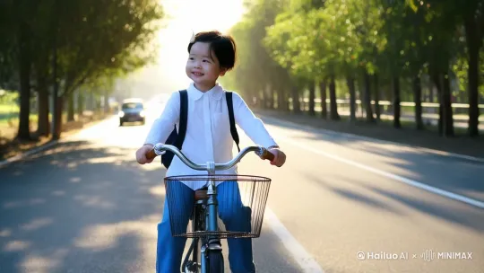 清晨的阳光洒在宽阔的马路上，一位年轻的女生骑着一辆复古自行车穿行其中。她长发随风飞舞，背着一个小巧的背包，身穿简单的白色衬衫与牛仔裤，显得格外清新自然。路旁的树影斑驳，偶尔有几辆汽车经过，但她始终保持着轻松的微笑，仿佛与周围的风景融为一体。 by Hailuo AI Video Generator