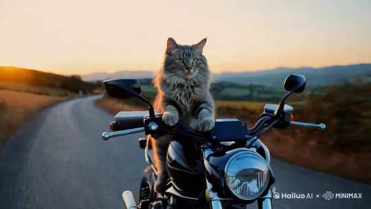 一只骑着摩托的猫咪。 by Hailuo AI Video Generator