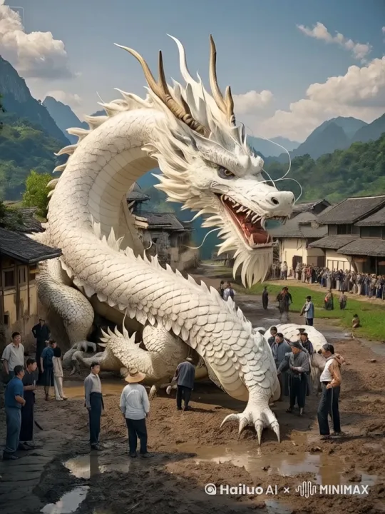 白龙在空中盘旋，缓缓下降，一群穿着朴素的农民围聚而来，他们脸上满是惊讶与敬畏之色，交头接耳，目光始终锁定在白龙身上，白龙的眼睛炯炯有神，身上纹理清晰可见，尽显威严。远处青山绿水，一片祥和，与近处的奇幻场景相融。 by Hailuo AI Video Generator