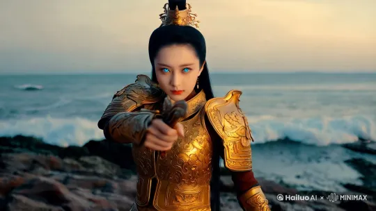 一个穿黄金战甲的东方美女，蓝色眼晴，摆出防守姿势，背景在大海边 by Hailuo AI Video Generator