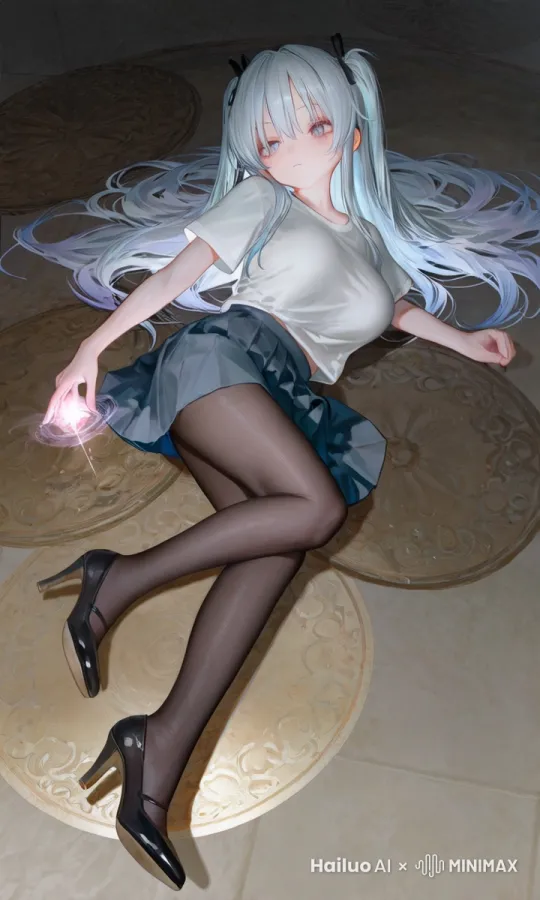 红色眼睛，蓝色头发，美丽的少女，猫耳，浅蓝色百褶裙，微型比基尼，黑色连裤袜，高跟鞋，角色动态，动态壁纸，小幅度摇晃摆动的腿，小幅度摇晃摆动的身体，小幅度摇晃摆动的胳膊，飘动的头发，柔软摇晃抖动的胸部， by Hailuo AI Video Generator