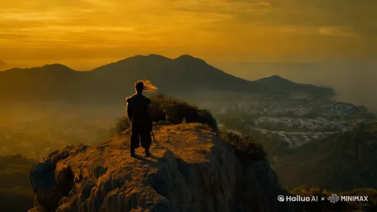 摄影，古代武侠风格，夕阳下的黄昏，批头散发的大侠背影在山顶看着山脚下一个荒芜的灯火通明的江南小镇，黄色格调，国风，高清32K电影画质！运镜从远到近，围绕人物背影，希区柯克变焦，高清电影画质！ by Hailuo AI Video Generator