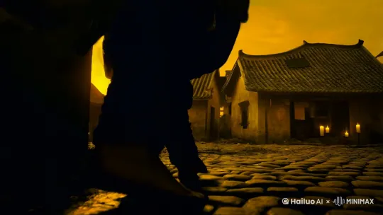 摄影,低角度仰拍,古代武侠风格,黄色调,夕阳下的黄昏,特写带刀大侠的背影,缓慢走在小镇的石板路上,石板路反映着夕阳的光泽,周边破败的瓦房阒无一人,有微弱的烛光,不寒而栗的压迫感!高清电影画质32K。 by Hailuo AI Video Generator