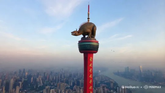 一个山海异兽饕餮趴在上海东方明珠塔顶，巨物入侵 by Hailuo AI Video Generator