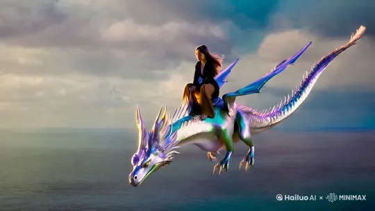 一个宫崎骏画风的女主角白龙骑在银龙身上在天上飞，俯瞰云层之下是大海，动漫，3D立体场景，梦幻治愈 by Hailuo AI Video Generator