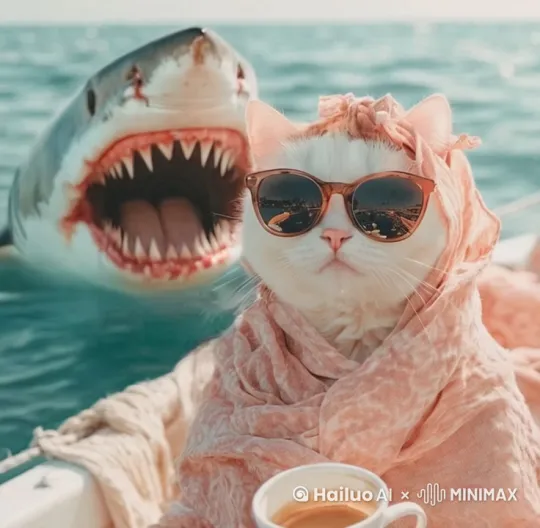 A shark moves its jaws behind the cat by Hailuo AI Video Generator