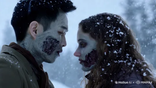中國俊男疆屍大戰歐洲美女疆屍 背景是俄羅斯 多角度近景 白雪飄飄 很冷 張開口 男吻女 女吻男 by Hailuo AI Video Generator