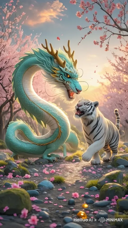 桃花飘落，龙和虎激烈紧张，武术高手般的打斗场面，打出幻影。 by Hailuo AI Video Generator
