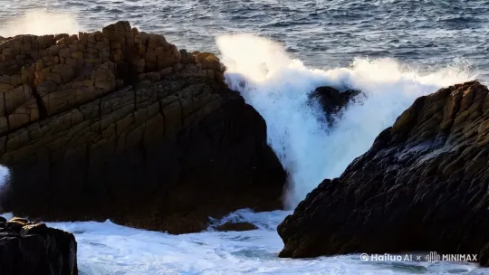 海边，海浪撞击着礁石，击起千堆雪 by Hailuo AI Video Generator