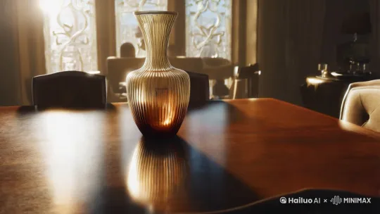 清晨的阳光透过玻璃窗造射在餐桌的花瓶上 by Hailuo AI Video Generator
