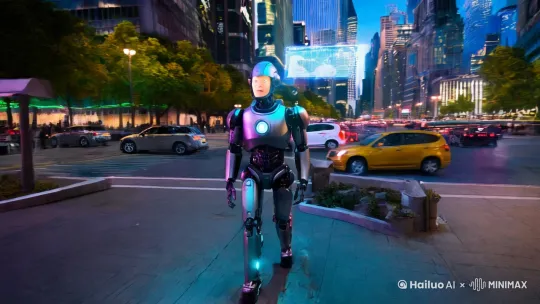 • Prompt:robot strides confidently down the bustling city street.
• Prompt:robot ambles leisurely through the crowded urban plaza.
• Prompt:robot's metallic faceplate displays a curious gleam as it observes the city.
• Prompt:robot's digital eyes light up with fascination while walking amidst the skyscrapers.
• Prompt:robot walks briskly with a determined expression and a trail of sparks follows its footsteps.
• Prompt:robot saunters along the city sidewalk,its joints creaking slightly with each step,and a holographic map hovers above its head.
• Prompt:camera tracks behind the robot as it navigates the busy city traffic.
• Prompt:camera crane shot shows the robot walking below,with the towering cityscape looming above.
• Prompt:robot with a vigilant expression walks through the neon-lit city alley as the camera pans left to reveal graffiti on the walls and a distant figure watching from the shadows.
• Prompt:robot strolls along the city riverbank with a contemplative look while the camera zooms out to show the reflection of the city lights on the water and a flock of birds flying overhead. by Hailuo AI Video Generator