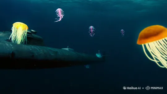 以下是缩减后的提示词：


一、理解动作

• Prompt：submarine cruises steadily in the abyss


二、探索表情

• Prompt：submarine's streamlined form appears resolute,while a nearby anglerfish stares intently


三、组合元素

• Prompt：submarine advances with bubbles trailing,as luminous jellyfish drift nearby


四、增加镜头移动

• Prompt：camera circles the submarine,showing fish swimming beside it


五、综合运用

• Prompt：In the ocean's depths,a sleek submarine cruises silently.Camera zooms out to reveal diverse deep-sea creatures like darting shrimp and massive whales.The sub's exterior bears marks of its journey.As it explores,a sea turtle is drawn by its exhaust bubbles and swims closer. by Hailuo AI Video Generator