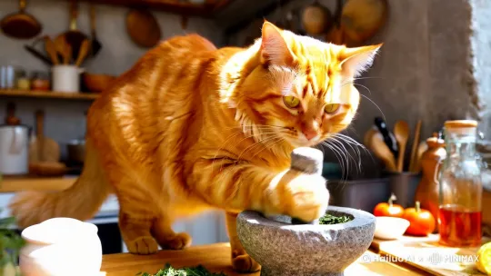 生成一个橘猫做饭的视频 by Hailuo AI Video Generator