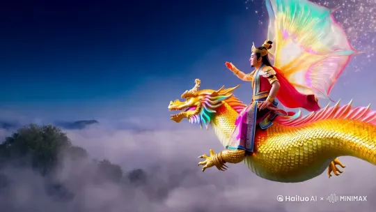 财神骑着飞龙在天空中挥洒元宝送财 by Hailuo AI Video Generator