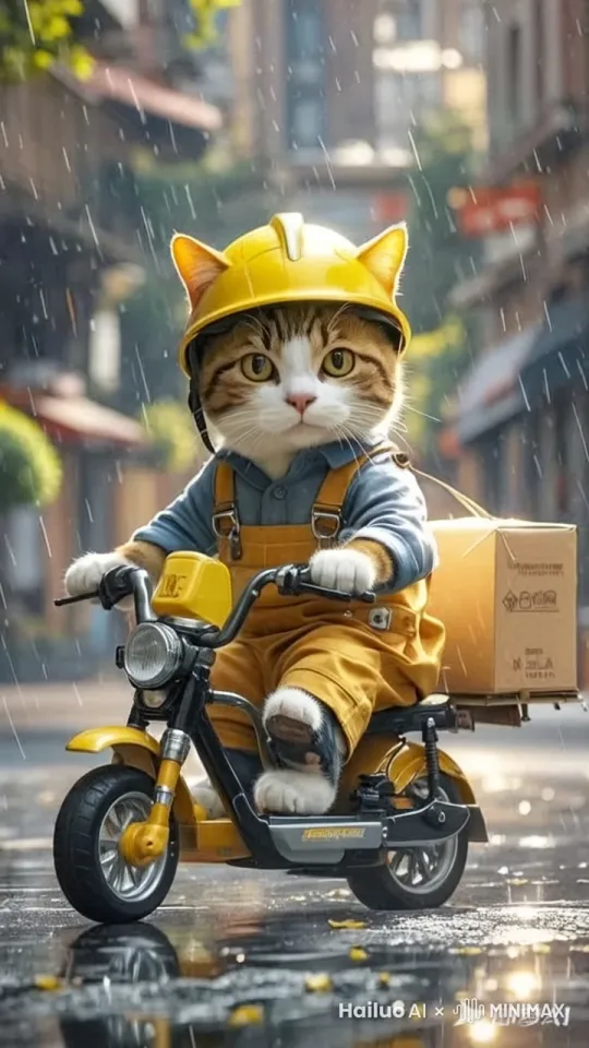拟人化猫咪，在风雨中，骑着电动摩托车在城市道路上，挨家挨户送快递，高清画质，高分辨率，真实， by Hailuo AI Video Generator