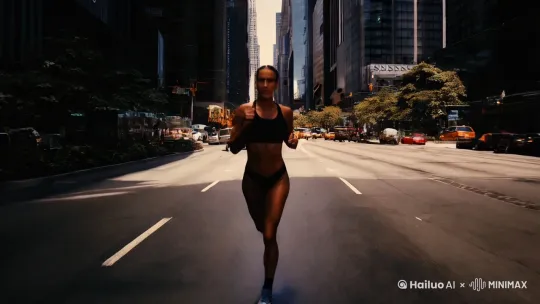 一个美丽的身材很好的女人，奔跑在城市街道上 by Hailuo AI Video Generator