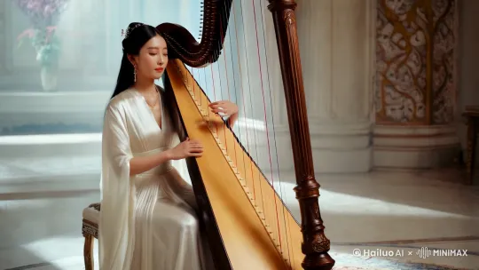 古风绝色美女，身穿白纱，弹奏仙曲。优雅迷人，电影质感，超清 by Hailuo AI Video Generator