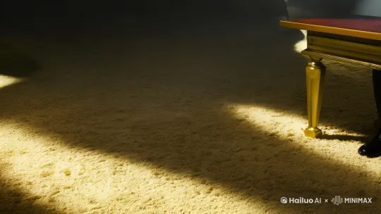 超现实主义，极简风格，羊毛毡，3D卡通，盲盒，镜头从一片昏暗的环境的地机位地面镜头开始，缓缓前推并上升，随着镜头的上升，画面中出现一张奢华的木桌，镜头继续上升拍摄到木桌之后昏暗的环境里坐着一个正对镜头的人，这个人长的很帅气，穿着藏蓝色西装、面部被一束光照亮、右胸口袋上插着一朵蓝色妖姬玫瑰，惊奇的看着前方，画面构图和明暗彩类似《教父》，高细节，光线追踪，虚幻引擎渲染 by Hailuo AI Video Generator