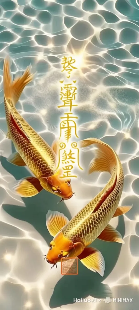 字体缓缓浮动，字体变成红色，金鱼自由游动起来。 by Hailuo AI Video Generator