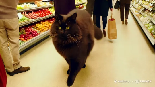 一只毛色棕黑的缅因猫，带着一副凶狠的面庞，迈着威武的步伐走进了热闹的超市。它的目光锐利，仿佛能穿透一切，让人不禁心生敬畏。然而，这只猫的动作却优雅而从容，宛如一位贵族绅士。它在蔬菜区精心挑选了几颗新鲜的生菜，又仔细挑选了细嫩的金针菇，最后不忘选了两根香肠放入篮中。尽管外表威猛，它的一举一动却透露出精明与细致。超市里的人们纷纷侧目，有些人甚至为它让路，而它则始终专注于手中的事务。结账后，它提着购物袋，昂首阔步地走出超市，展现出力量与优雅并存的气质，仿佛在宣告它的独特存在。 by Hailuo AI Video Generator