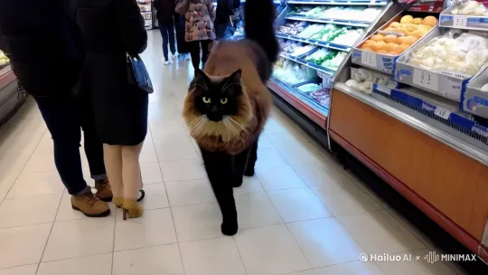 

一只毛色棕黑的缅因猫，带着一副凶狠的面庞，迈着威武的步伐走进了热闹的超市。它的目光锐利，仿佛能穿透一切，让人不禁心生敬畏。然而，这只猫的动作却优雅而从容，宛如一位贵族绅士。它在蔬菜区精心挑选了几颗新鲜的生菜，又仔细挑选了细嫩的金针菇，最后不忘选了两根香肠放入篮中。尽管外表威猛，它的一举一动却透露出精明与细致。超市里的人们纷纷侧目，有些人甚至为它让路，而它则始终专注于手中的事务。结账后，它提着购物袋，昂首阔步地走出超市，展现出力量与优雅并存的气质，仿佛在宣告它的独特存在。 by Hailuo AI Video Generator