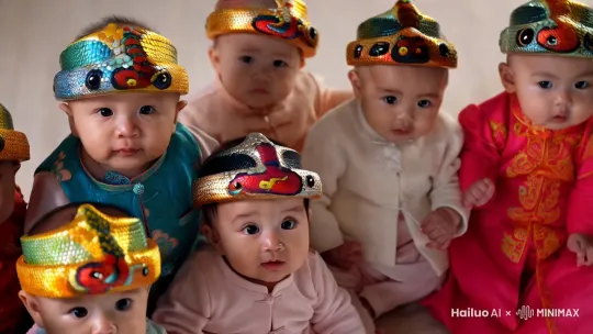 五六个婴孩带着蛇年头套，祝福大家蛇年大吉 by Hailuo AI Video Generator