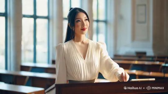 她站在讲堂的讲台前,阳光透过高大的玻璃窗洒在她的身上,为她镀上一层柔和的光晕。她的东方式五官在自然光下显得格外精致——柳叶般的眉毛下,一双杏眼微微上挑,眼神专注而自信;她的鼻梁高挺,鼻尖微微翘起,显得灵动而优雅;她的唇形饱满,唇角微微上扬,带着一抹从容的笑意。她身穿一件剪裁合身的白色衬衫,衣料轻柔地贴合着她的身形,隐约透出一丝性感的锁骨与肩颈线条。她的下半身搭配了一条高腰铅笔裙,完美地勾勒出她饱满的臀部与修长的双腿,腰臀比例在光线的映衬下更加突出。她的F罩杯胸部在衬衫的衬托下显得更加饱满而优雅,衣料随着她的动作微微起伏,散发出一种成熟女性的魅力。她的长发随意挽起,几缕发丝轻轻垂落在她的脸颊旁,为她增添了一丝慵懒的性感。她手持一支粉笔,在黑板上写下几行字,动作流畅而优雅,整个人散发着一种知性与性感并存的气质,仿佛整个课堂都在她的掌控之中。 by Hailuo AI Video Generator
