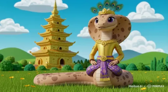 图中小蛇灵动的眼眸看向镜头，晃动着脖子和尾巴很可爱，固定镜头拍摄，微风吹过 by Hailuo AI Video Generator