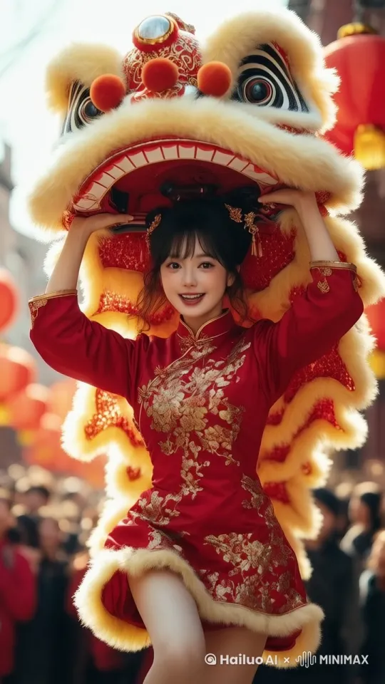 大师运镜，写实，仰视镜头。高清写实风格，春节氛围浓郁。一位二十岁左右的美女正参与舞狮子表演。她肤色白皙，五官精致，大眼睛灵动有神，笑容甜美灿烂，嘴角微微上扬，露出整齐的牙齿，眼中闪烁着兴奋与喜悦的光芒，充满了活泼可爱与甜美俏皮的气息。美女身着红色传统舞狮服，绣花短裙，双腿修长，身材匀称，头戴精致头饰，服饰上绣有金色花纹，熠熠生辉。她双手举起狮头，动作灵动，时而跳跃，时而翻滚，与狮子完美配合，展现出灵动的舞姿。周围是热闹的春节场景，红灯笼高挂，鞭炮声声，人群欢聚，为画面增添了浓厚的节日氛围。阳光洒下，为女孩和舞狮场景镀上一层温暖的光晕，整个画面洋溢着欢乐祥和的春节气息。 by Hailuo AI Video Generator
