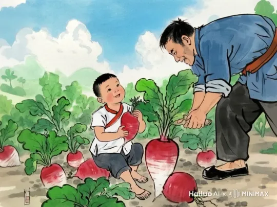 人物嘴里互相对话，小孩动作微微动，爸爸手中动作微微动，整个画面不要动 by Hailuo AI Video Generator