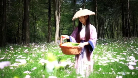 在一座茂密的森林里，长满了各种花瓣，一个美女穿着古老的衣服，头戴精致的草帽，手拿菜篮，采着花瓣，8k，电影效果 by Hailuo AI Video Generator