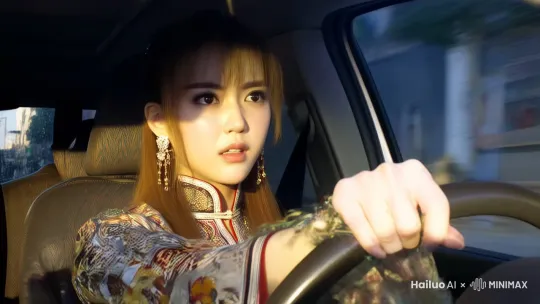 一个女子正在驾驶汽车，镜头围绕拍着，可以看到外面快速消失的街道 by Hailuo AI Video Generator