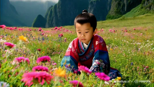 开满野花的草地上一个古装小男童蹲在那看着地上的花，背后是墨绿色的山和悬崖，山的上空一个古装小女童飞下来，拉住小男孩的手。 by Hailuo AI Video Generator