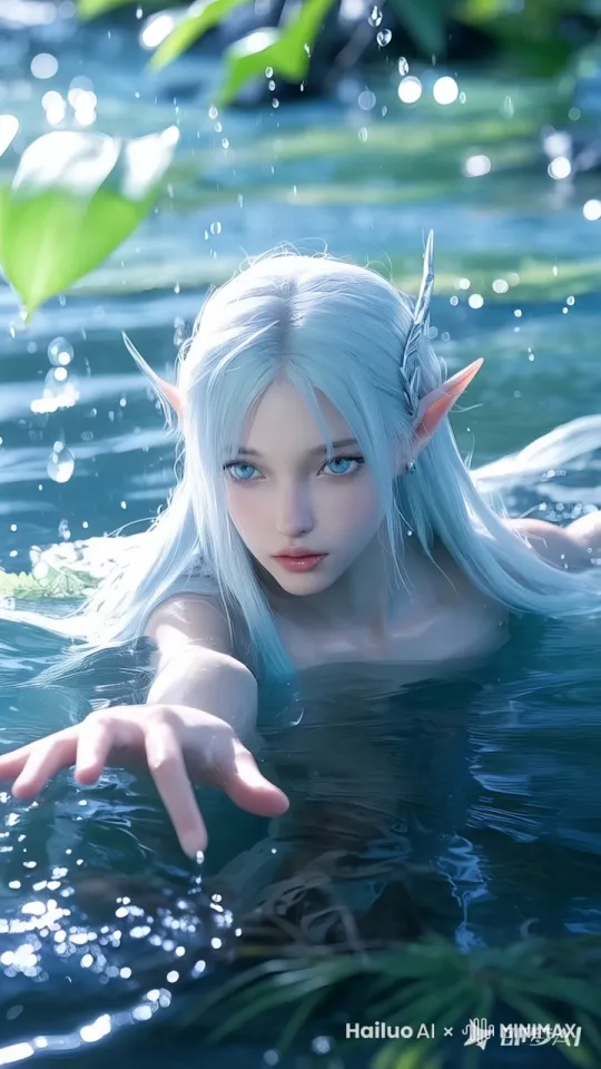 画面生动，流畅。精灵美女摸着水面，十分冷酷，高清镜头，镜头跟随，升格 by Hailuo AI Video Generator