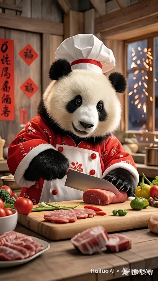 大熊猫在厨房切肉，用刀子一刀一刀把肉切成一片片，镜头动态平衡，摄像机向右旋转，窗外烟花绽放 by Hailuo AI Video Generator