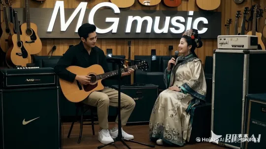 男生帅气自然弹奏吉他，女生自然唱歌，两人相视对笑 by Hailuo AI Video Generator