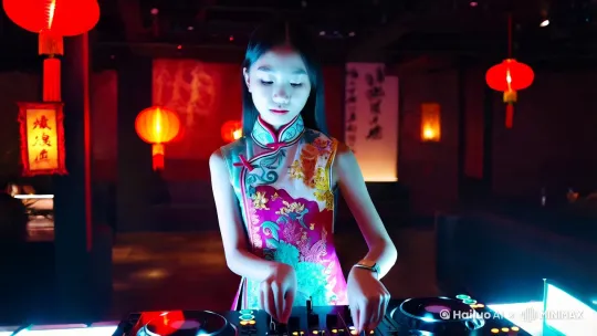 一个年轻中国女孩在夜店打碟，她穿着中国传统的旗袍，随着节奏扭动 by Hailuo AI Video Generator